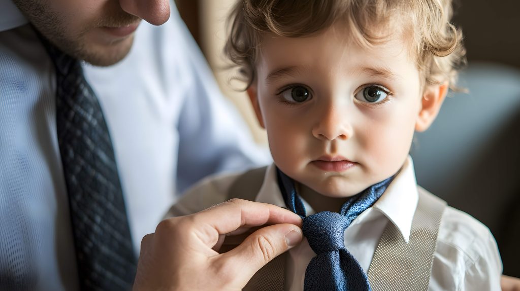 Young boy is dressing up in tie. Father is tying tie and thinking about legacy planning